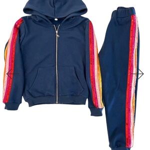 Lola + The Boys Navy Hoodie & Jogger Set with Rainbow Stripe Trim